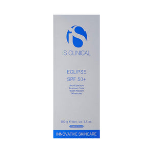 The packaging of iS Clinical Eclipse SPF 50+ (3.5oz 100g) features a silver box with blue text, emphasizing broad-spectrum UV protection and 40 minutes of water resistance, with Innovative Skincare on the bottom—an excellent choice among physical sunscreens.