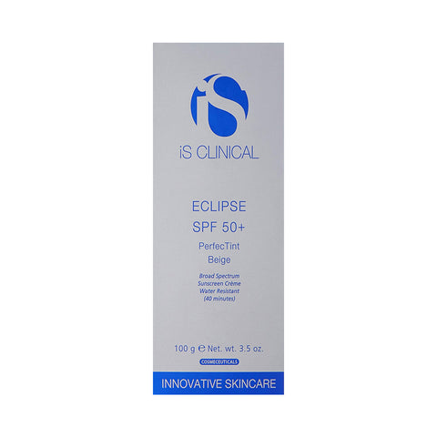 The iS Clinical Eclipse SPF 50+ Perfect Tint Beige features sleek gray packaging with elegant blue branding, offering broad-spectrum UVA/UVB protection. This 3.5 oz (100g) sunscreen is water-resistant for 40 minutes with an ultra-sheer finish.