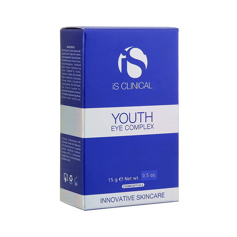 The sleek blue box of iS Clinical Youth Eye Complex features the brand logo prominently and highlights cosmeceutical and innovative skincare with a net weight of 15g (0.5 oz) for effective under-eye brightening.