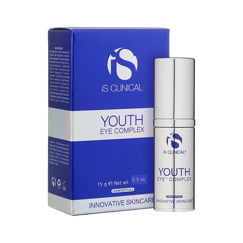 An image of the iS Clinical Youth Eye Complex highlights its use for under-eye brightening and anti-aging. The elegant blue and white box with silver accents complements the sleek silver bottle, both showing product details and a volume of 15g (0.5 oz).