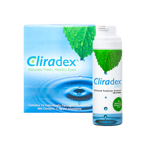 PRNs Cliradex® Complete Eyelid Hygiene Bundle features two foaming cleansers and a box adorned with a green leafy design, containing 24 individually packaged towelettes. It highlights natural ingredients ideal for managing Demodex mites and promoting eyelid hygiene.