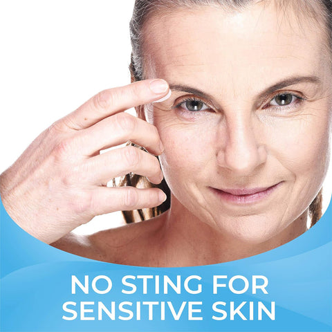 A person softly touches their eyebrow, smiling. Text reads, No sting for sensitive skin, emphasizing PRNs Cliradex® Complete Eyelid Hygiene Bundle—1 box of towelettes and 2 foaming cleansers—ideal for eyelid care and Demodex mite protection.