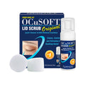 Image of the OCuSOFT Lid Scrub Original Compliance Kit Foam and Wipes, featuring packaging with an eye. It includes a bottle of pre-lathered eyelid cleanser and two cleansing pads, ideal for mild to moderate eyelid conditions.