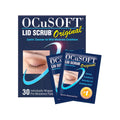 The packaging features the OCuSOFT Lid Scrub Original Compliance Kit Foam and Wipes, which includes a box of 30 individually wrapped cleansing pads for eyelid care. Nearby, images of two sample packets display the same effective cleanser from OCuSOFT.
