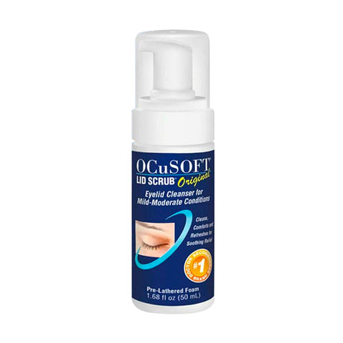 The OCuSOFT Lid Scrub Original Compliance Kit includes both foam and wipes for eyelid cleansing. The white bottle provides a soothing pre-lathered foam with a blue label featuring an eye image, perfect for mild to moderate conditions. Capacity: 1.68 fl oz (50 mL).