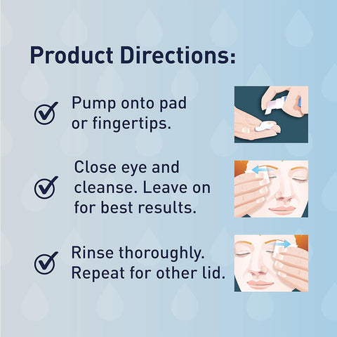 Instructions for OCuSOFT Ocusoft Lid Scrub Original Compliance Kit Foam and Wipes: 1. Pump onto Cleansing Pads or fingertips. 2. Close eye and cleanse using the Eyelid Cleanser, leaving it on for best results. 3. Rinse thoroughly, then repeat on the other lid. Each step is illustrated in the guide.