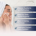 With a towel on their head, a person smiles while applying cream to their cheek. Nearby are four checkmarks with Cleans, Comforts and Refreshes, Ideal for Daily Eyelid Hygiene, Non-Irritating Formula, and Improves Contact Lens Comfort. Try OCuSOFT Ocusoft Lid Scrub Original Compliance Kit Foam and Wipes.