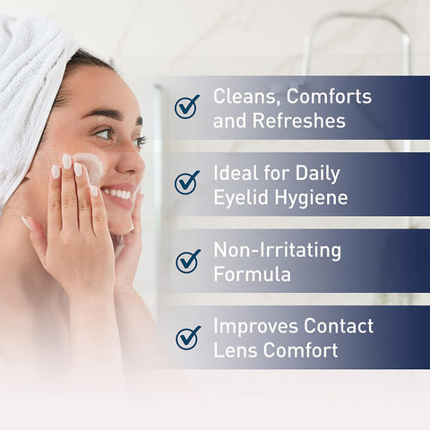 With a towel on their head, a person smiles while applying cream to their cheek. Nearby are four checkmarks with Cleans, Comforts and Refreshes, Ideal for Daily Eyelid Hygiene, Non-Irritating Formula, and Improves Contact Lens Comfort. Try OCuSOFT Ocusoft Lid Scrub Original Compliance Kit Foam and Wipes.