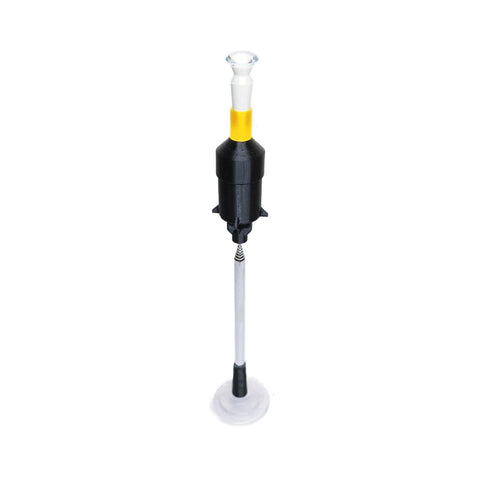 The S5 Inserter by Augmented Vision Labs, designed for scleral and hybrid lens insertion, features a black and yellow bobber tool with a transparent top and a long rod spring mechanism for hands-free stabilization against a plain white background. Free video training is included.
