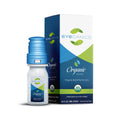 A small box and bottle of Eyeganics 100% Organic Preservative Free Eye Drops for dry eyes, featuring blue, green, and white packaging with labels highlighting organic relief for dry eyes, USDA certified organic, and preservative-free lubricant eye drops.