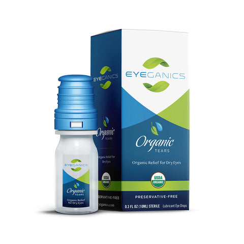 A small box and bottle of Eyeganics 100% Organic Preservative Free Eye Drops for dry eyes, featuring blue, green, and white packaging with labels highlighting organic relief for dry eyes, USDA certified organic, and preservative-free lubricant eye drops.