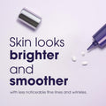 The image features a tipped-over tube of Bausch + Lombs LUMIFY Eye Illuminations Hydra-Gel Brightening Eye Cream with a metallic cap, showing drops on a light purple background. Text reads: Skin looks brighter and smoother with less noticeable fine lines and wrinkles.