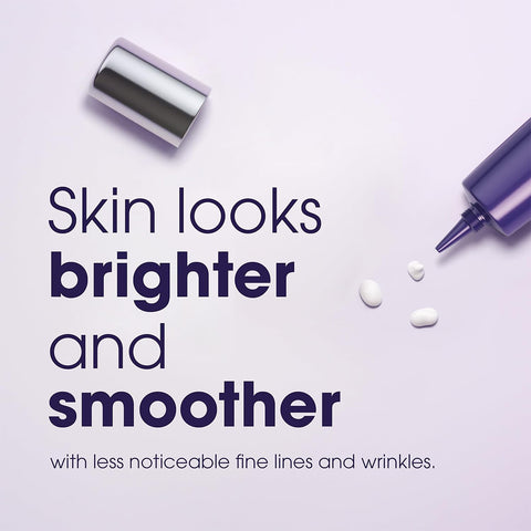 The image features a tipped-over tube of Bausch + Lombs LUMIFY Eye Illuminations Hydra-Gel Brightening Eye Cream with a metallic cap, showing drops on a light purple background. Text reads: Skin looks brighter and smoother with less noticeable fine lines and wrinkles.