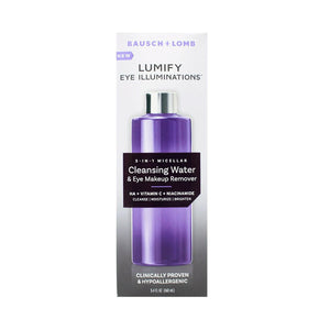 The image displays Bausch + Lomb LUMIFY Eye Illuminations Cleansing Water & Eye Makeup Remover (160mL bottle), ideal for sensitive eyes. The purple packaging highlights ingredients like hyaluronic acid, vitamin C, and niacinamide for gentle and effective eye makeup removal.