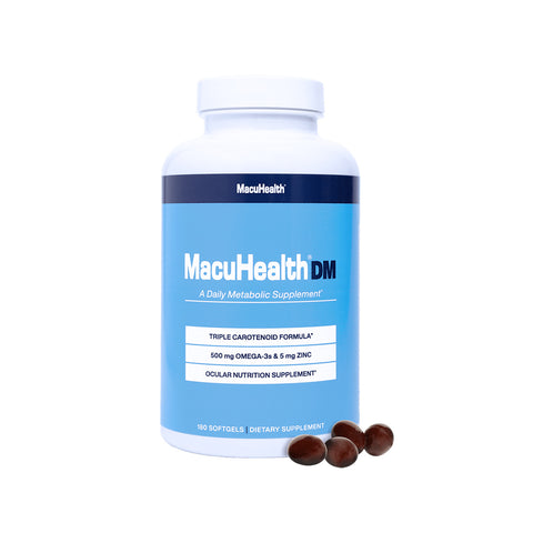 The blue bottle of MacuHealth DM Daily Metabolic Supplement (180ct) features a triple carotenoid formula, 500 mg Omega-3, and 5 mg Zinc for eye health, with five softgel capsules beside it.