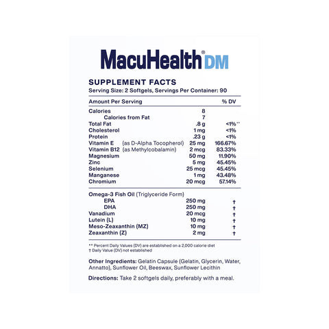 The MacuHealth DM Daily Metabolic Supplement (180ct) label highlights its eye health and metabolism focus, detailing 2 softgels per serving, 90 servings total. It includes calories, vitamins C, E, B12, Zinc, Lutein, Zeaxanthin & Omega-3 fish oil with indicated daily value percentages.
