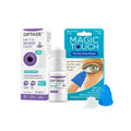 Image of Optase Intense Preservative Free with Magic Touch Applicator. The Optase eye drops provide long-lasting dry eye relief and are in a white bottle with purple text next to its box. The Magic Touch kit includes three blue and white suction cups, depicted with a hand holding one on the package.