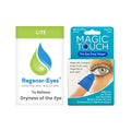 Packaging includes Regener-Eyes Lite ophthalmic solution (3mL, 4-week supply) and Magic Touch easy applicator. The package features an eye image with a blue silicone device on a finger.