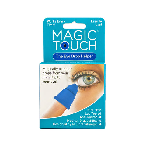 Packaging for Magic Touch Eye Drop Applicator emphasizes its convenient blue tool designed by an ophthalmologist. Made from BPA-free, lab-tested, anti-microbial silicone, it ensures easy use and reduces waste.