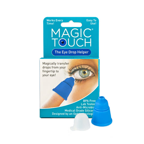 The packaging features two silicone eye drop helpers labeled Magic Touch Eye Drop Applicator by Magic Touch. A box image demonstrates its use, with blue and clear antimicrobial silicone tips displayed up front.