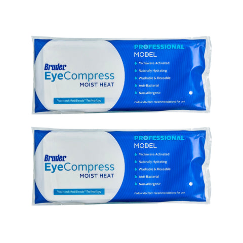 The blue-packaged Bruder Moist Heat Eye Compress (Pack of 2) uses MediBeads Technology for dry eye relief, offering microwave activation, natural hydration, washability, reusability, anti-bacterial properties, and non-allergenic material.