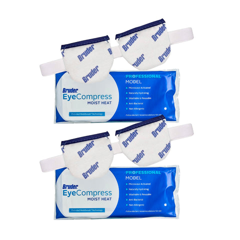 Image of Bruder Moist Heat Eye Compress (Pack of 2) with blue and white packaging and straps. This microwave-activated, fast-acting product offers non-allergenic, antibacterial benefits and MediBeads technology for effective dry eye relief.
