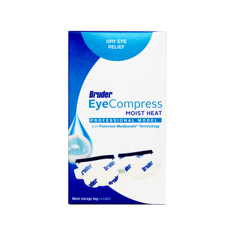 The image shows a Bruder Moist Heat Eye Compress box, ideal for dry eye relief. The mainly blue and white packaging reads Moist Heat and Professional Model. It features two compresses signifying MediBeads technology and includes a mesh storage bag.