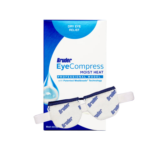 The image depicts the Bruder Eye Compress Moist Heat Professional Model for Dry Eyes, featuring MediBeads technology. It includes a white compress with blue branding and adjustable straps, ensuring effective dry eye relief and a soothing experience.