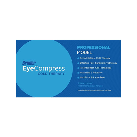 The Bruder Eye Compress Cold Therapy comes in blue packaging and offers timed-release cold therapy, ideal for post-surgical cryotherapy and puffiness reduction. Features include patented non-gel technology that is washable, reusable, non-toxic, latex-free, and includes care instructions.