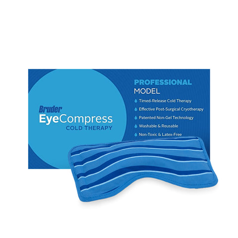 A striped blue Bruder Eye Compress Cold Therapy sits on a white background. The packaging emphasizes its Professional Model with features like timed-release cold therapy for puffiness reduction, post-surgical use, patented tech, washable, reusable, non-toxic, and latex-free benefits.