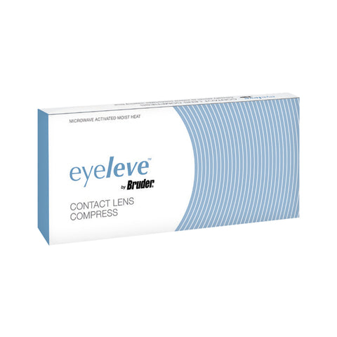 The Bruder Eyeleve Eye Compress packaging showcases a white box with a stylish blue curve on the right, promoting microwave activated moist heat with MediBeads technology for enhanced contact lens comfort.