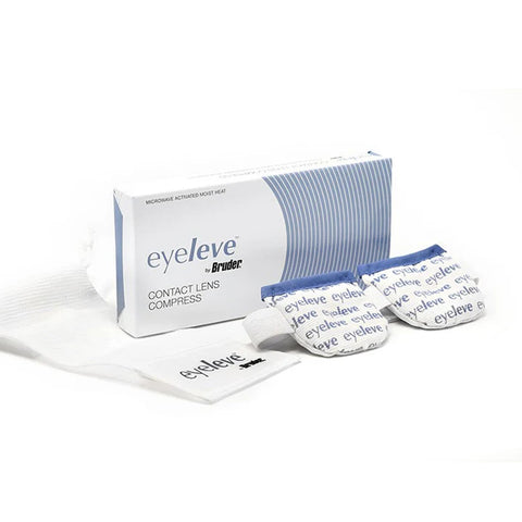The Bruder Eyeleve Eye Compress for contact lens wearers comes in a white box with blue accents, containing two MediBeads-infused pads with the Eyeleve logo for enhanced comfort.