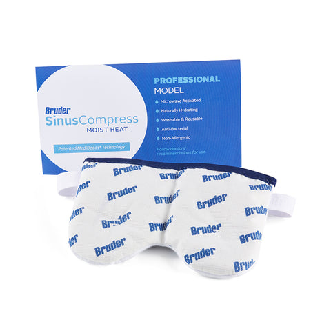The Bruder Moist Heat Sinus Compress is shown with its packaging, highlighting sinus relief. The white mask is adorned with blue Bruder logos, and the packaging promotes benefits like microwave activation, hydration, and reusability for effective moist heat therapy.