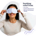 A woman in a beige shirt enjoys eye relief with CorneaCare Self Heating Warm Compresses (30ct). Text beside her reads: Soothing relief from Dry Eyes, Eyelid Inflammation, Blocked Meibomian Glands. The white background features decorative curved lines.