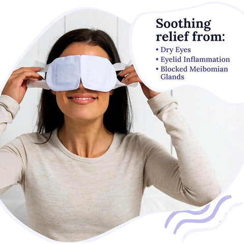 A woman in a beige shirt enjoys eye relief with CorneaCare Self Heating Warm Compresses (30ct). Text beside her reads: Soothing relief from Dry Eyes, Eyelid Inflammation, Blocked Meibomian Glands. The white background features decorative curved lines.