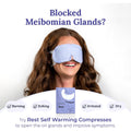 A person smiles while wearing CorneaCare Self Heating Warm Compresses. Text mentions blocked Meibomian Glands and suggests these compresses for dry eye relief. Icons depict symptoms: burning, itching, irritation, dryness. An image of the product is displayed below.