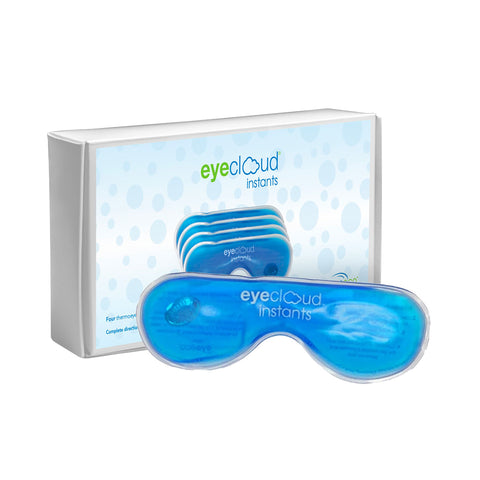 In front of a blue and white Eyecloud Instants 4-Pack Replacement Inserts box by PRN - Physician Recommended Nutriceuticals, a blue gel eye mask rests alongside bubble-patterned packaging that reveals multiple masks inside. Designed for soothing eye relief, it uses heat gel packs for enhanced comfort.