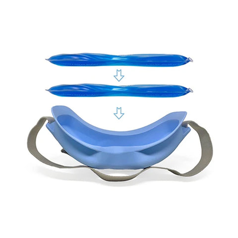 The Eyecloud Instants 4-Pack Replacement Inserts by PRN, displayed against a white background, resemble an eyecloud goggle. Two detachable blue rollers with grey straps are shown fitting onto the tool using arrows.