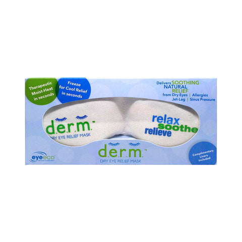 Box of EyeEco D.E.R.M. Dry Eye Relief Mask by PRN features a white mask with relax, soothe, relieve in blue text. Hypoallergenic packaging highlights therapeutic moist-heat therapy and cool relief for dry eyes, allergies, jet-lag, and sinus pressure (mask only; no cotton liners).