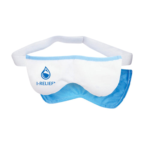 The I-Med Pharma I-RELIEF™ Hot & Cold Therapy Eye Mask, featuring ThermaBeads Technology and a distinct water droplet logo on the white front, offers Dry Eye Relief. It has a blue inner lining and a white elastic strap elegantly positioned above.