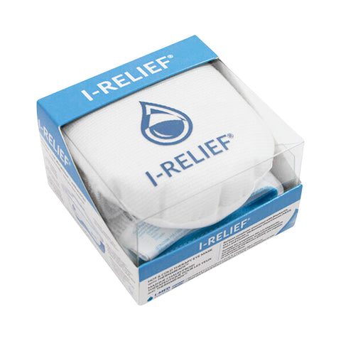 The I-RELIEF™ Hot & Cold Therapy Eye Mask by I-Med Pharma, featuring ThermaBeads Technology, is showcased in a white box with a blue water drop logo and transparent top. The packaging, in blue and white, emphasizes its effective relief for dry eye conditions.