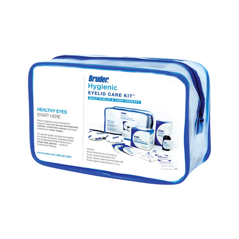 The Bruder Hygienic Eyelid Care Kit comes in a clear zippered pouch, ideal for blepharitis treatment, and includes essential eye care wipes and solutions. Blue accents and text make it visually appealing, while contact information is conveniently displayed at the bottom.