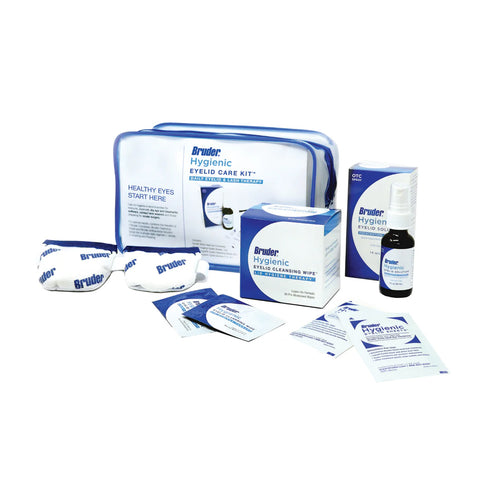 The Bruder Hygienic Eyelid Care Kit offers a curated selection of products for blepharitis treatment and dry eye relief, featuring a care kit pouch, two eye masks, cleansing wipes, a spray bottle, and individual packets—all elegantly arranged on a pristine white background.