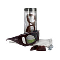 PRNs EyeEco Large Moisture Release Eyewear in Demi Amber with Clear Lens, featuring anti-fog coating and detachable side shields, sits in front of a brown case. A white drawstring pouch is beside them. In the background, a cylindrical container holds another stylish pair.