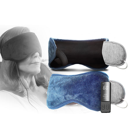 A blue MiBo USB Heating Pad for temporary eye relief includes infrared heating therapy and is remotely operated. Featured in two views, it highlights its soft exterior and interior padding. A grayscale image shows someone using the MiBo Heating Pad, illustrating its application.