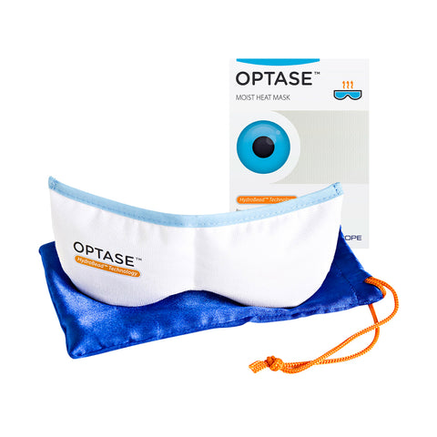 Displayed with its packaging and a blue pouch, the Optase Microwavable Moist Heat Dry Eye Mask, featuring HydroBead technology, provides optimal dry eye relief.