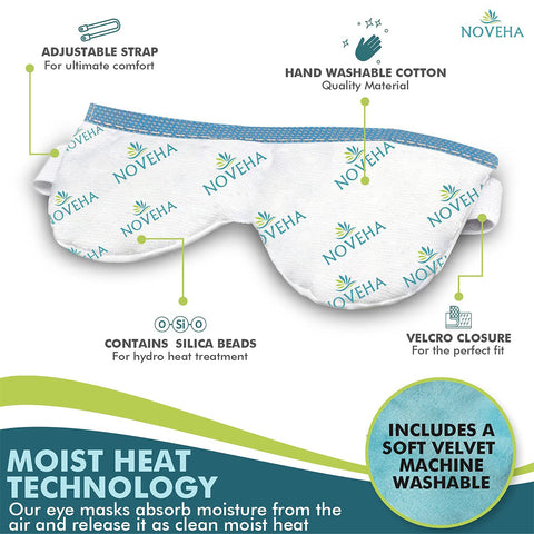 The Noveha Dry Eye Mask with Washable Cover, Microwavable (Dual-Eye), in white, displays Noveha logos. It offers an adjustable strap, hand-washable cotton with silica beads for hydro-heat technology, Velcro closure, and soft velvet material for moisturizing therapy.