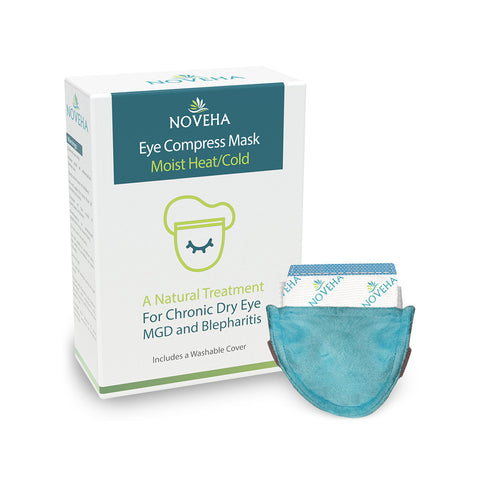 The Noveha Dry Eye Mask with a washable cover and microwavable design is showcased. Next to it, a teal mask utilizes hydro-heat technology for moist heat/cold treatment, offering relief for chronic dry eye, MGD, and blepharitis.