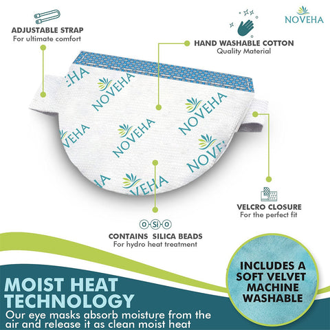 Discover luxury with Novehas Dry Eye Mask featuring moist heating technology. Its adjustable strap, Velcro closure, silica beads for hydro-heat treatment, and hand-washable cotton offer soothing relief. Perfect for relaxation and reusable convenience.