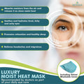 A close-up of a womans face showcases the benefits of Novehas Dry Eye Mask, featuring hydro-heat technology for moisture absorption, eye hydration, relaxation, and headache relief. Includes an image of its velvet washable cover with visible branding and usage info.